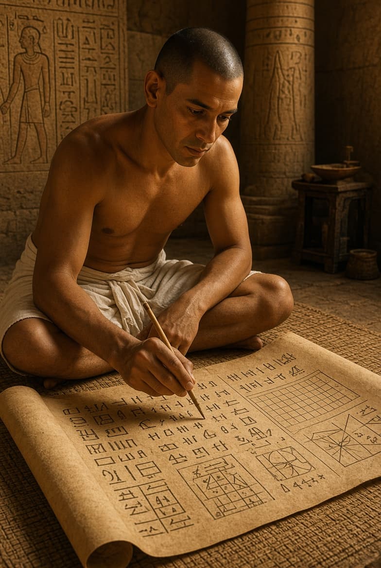 An illustration of a scribe at work on a papyrus of figures and ruled grids